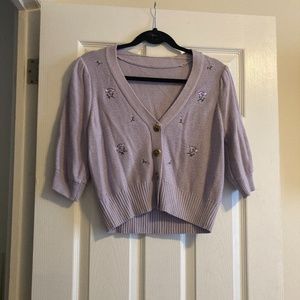 Lavender puff sleeve button front embroidered cardi top